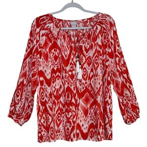 Chico's Womens Blouse Red Size 2 Large Tassel Tie Modal Long Sleeve Top Summer
